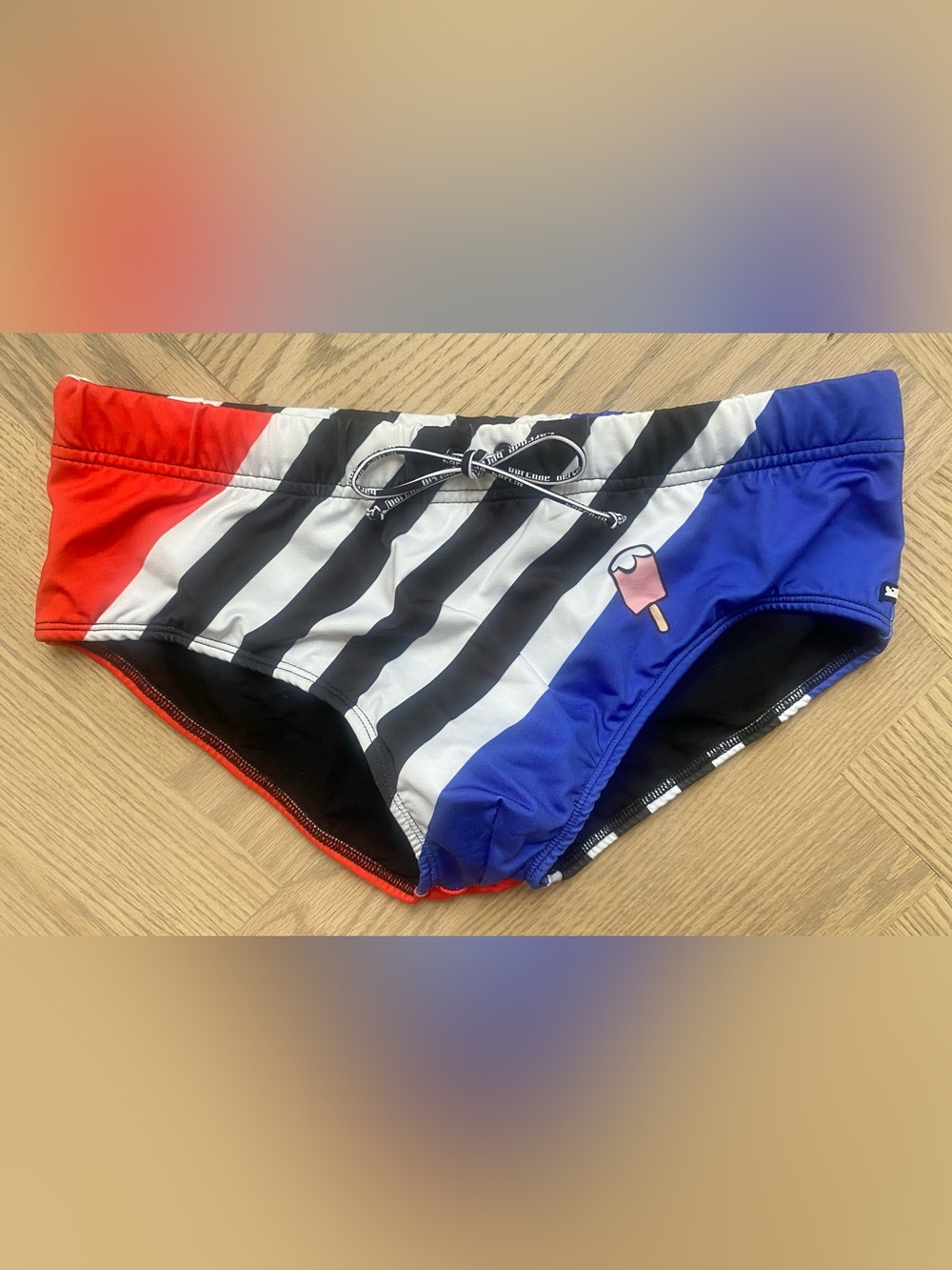Men's Colorblock Stripe Swim Trunks - Red, Black, White & Blue